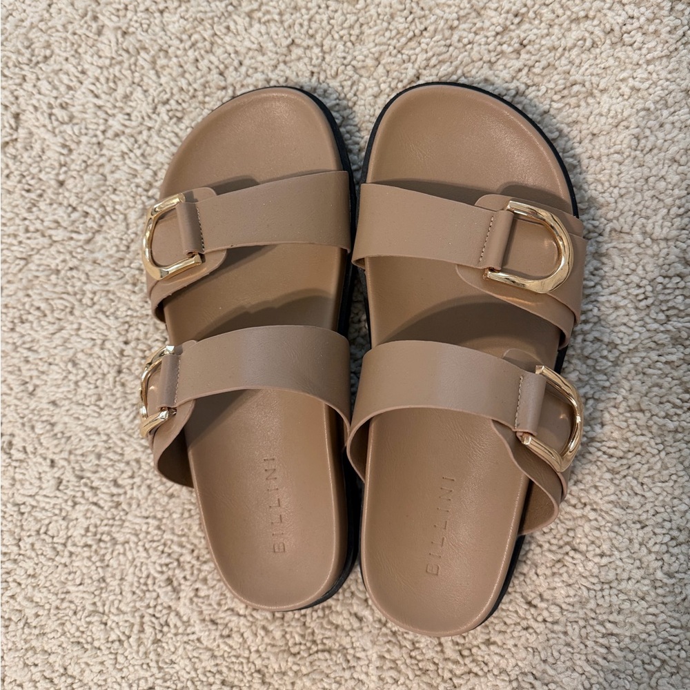 Bellini Brown Slide Sandals with Gold Buckles